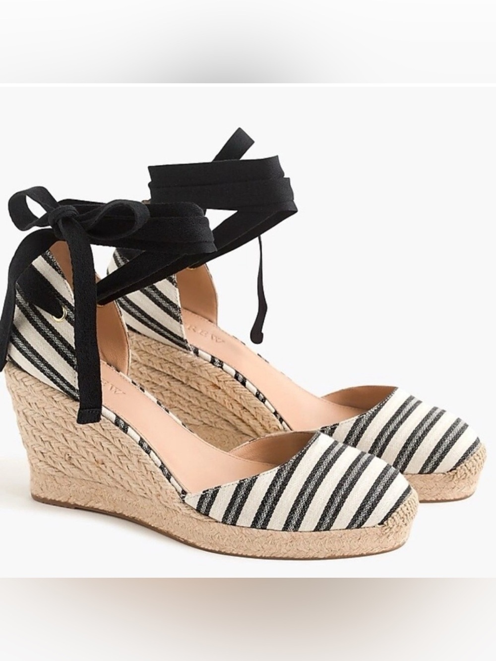 New J. Crew Size 6.5 Espadrille Wedges Ankle Wrap Black Cream Stripe Shoes